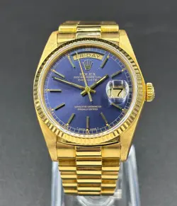 ROLEX DAY-DATE 36 18K YELLOW GOLD 1980 PRESIDENT BLUE DIAL WATCH