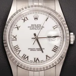 ROLEX DATEJUST 16220 ENGINE-TURNED BEZEL JUBILEE WATCH 36MM WHITE ROMAN DIAL