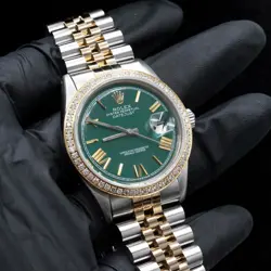 MENS 36MM ROLEX DATEJUST SS/YELLOW GOLD JUBILEE GREEN DIAL DIAMOND BEZEL WATCH