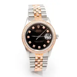 36MM MENS ROLEX DATEJUST STEEL/ROSE GOLD JUBILEE BLACK DIAL DIAMOND BEZEL WATCH