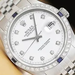 ROLEX MENS DATEJUST WHITE DIAL 18K WHITE GOLD STEEL DIAMOND SAPPHIRE WATCH
