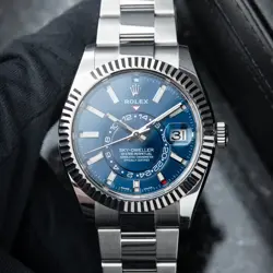 ROLEX SKY-DWELLER BLUE DIAL STEEL OYSTER BRACELET WHITE GOLD BEZEL MEN'S WATCH