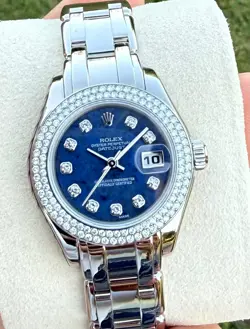 ROLEX DATEJUST PEARLMASTER 29 FACTORY DIAMOND  SODALITE BLUE DIAL 18K GOLD WATCH