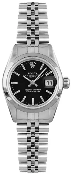ROLEX OYSTER PERPETUAL 26MM BLACK STICK DIAL DATE AUTOMATIC LADIES DRESS WATCH