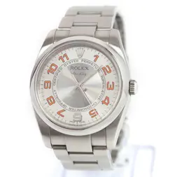 ROLEX AIR KING 114200 34MM SILVER CONCENTRIC DIAL ORANGE ARABIC