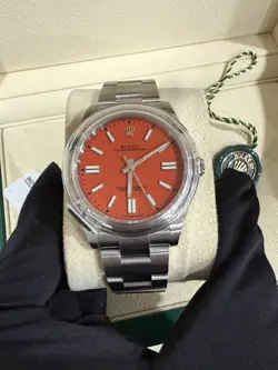 NEW ROLEX OYSTER PERPETUAL CORAL RED DIAL 41MM 124300 FULL SET WITH WHITE TAG
