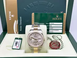ROLEX DATEJUST 116243 SILVER FLOWER DIAL DIAMOND BEZEL 18K GOLD STEEL BOX PAPER