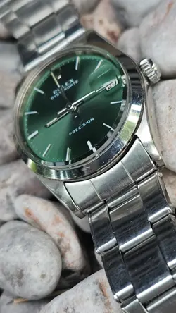 Vintage Rolex Oysterdate 6466 Olive Green Dial Boy-Size Hand-Wining Watch 1969