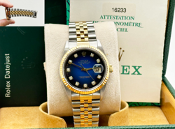 ROLEX DATEJUST 16233 BLUE VIGNETTE DIAMOND DIAL 18K YELLOW GOLD STEEL BOX PAPERS