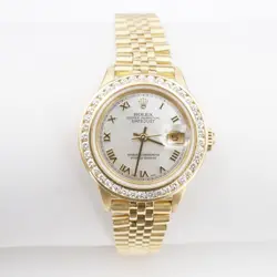 LADIES ROLEX 18K GOLD DIAMOND WATCH 69178 MOP ROMAN 26MM PAPERS 1985 W1143