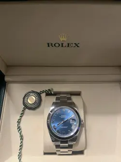 ROLEX DATEJUST 41 AZZURRO BLUE DIAL. SMOOTH BEZEL. OYSTER BRACELET BOX, PAPERS.
