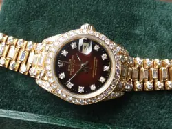 ROLEX LADY-DATEJUST 69138 FULL DIAMONDS RED VIGNETTE DIAL FULL GOLD 18KT WATCH