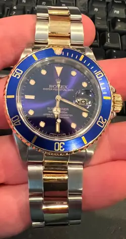 ROLEX 18K GOLD/STAINLESS STEEL SUBMARINER PURPLE DIAL 16613 40MM CIRCA 1990