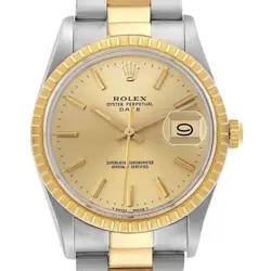 ROLEX DATE 34MM STEEL YELLOW GOLD CHAMPAGNE DIAL MENS WATCH 15053