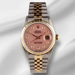 ROLEX DATEJUST 36MM YELLOW GOLD FLUTED PINK MOP DIAMOND DIAL JUBILEE WATCH