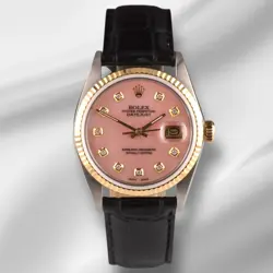 ROLEX DATEJUST 36MM YELLOW GOLD FLUTED PINK MOP DIAMOND DIAL LEATHER BAND WATCH