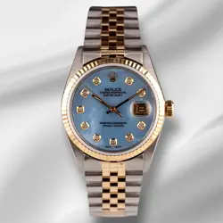 ROLEX DATEJUST 36MM YELLOW GOLD FLUTED BLUE MOP DIAMOND DIAL JUBILEE WATCH