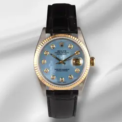 ROLEX DATEJUST 36MM YELLOW GOLD FLUTED BLUE MOP DIAMOND DIAL LEATHER BAND WATCH