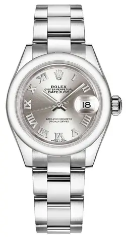ROLEX LADIES DATEJUST 28MM SILVER DIAL SMOOTH BEZEL OYSTER STEEL AUTOMATIC WATCH
