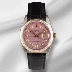 ROLEX DATEJUST 36MM YELLOW GOLD FLUTED PINK PALM DIAMOND DIAL LEATHER BAND WATCH