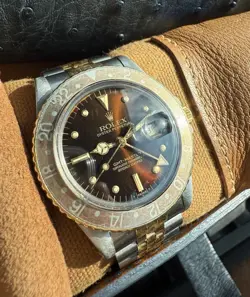 ROLEX GMT MASTER  ROOTBEER 16753 18K GOLD /SS BROWN NIPPLE DIAL 40MM RARE WATCH