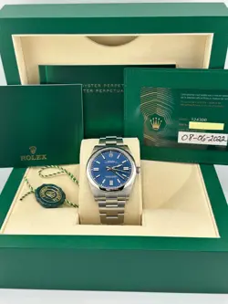 ROLEX OYSTER PERPETUAL, 41MM, BRIGHT BLUE DIAL, BOX & PAPERS, 124300