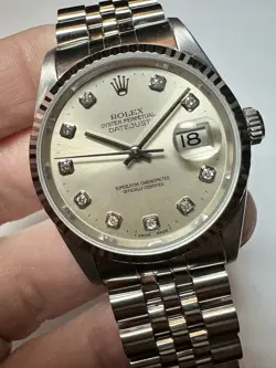 ROLEX DATEJUST DIAMOND DIAL MENS 36MM AUTHENTIC WATCH CIRCA 1995 1996 BOX PAPERS