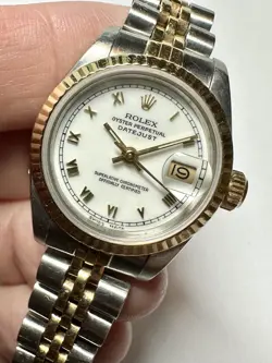 ROLEX LADIES DATEJUST 26MM 18K GOLD & STEEL WHITE ROMAN WATCH 69173 + BOX PAPERS