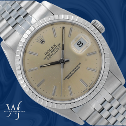 ROLEX MENS DATEJUST 36MM STEEL SILVER PATINA DIAL ENGINE-TURNED JUBILEE 16220