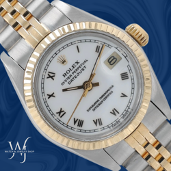 ROLEX LADIES DATEJUST 26MM TWO TONE WHITE ROMAN DIAL FLUTED JUBILEE WATCH 69173