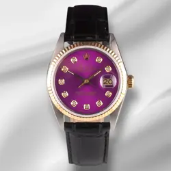ROLEX DATEJUST 36MM YELLOW GOLD FLUTED PURPLE DIAMOND DIAL LEATHER BAND WATCH