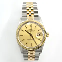 MENS 36MM ROLEX DATEJUST SS/10K GOLD JUBILEE CHAMPAGNE DIAL FLUTED BEZEL WATCH