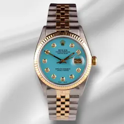 ROLEX DATEJUST 36MM YELLOW GOLD FLUTED BABY BLUE DIAMOND DIAL JUBILEE WATCH