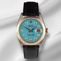 ROLEX DATEJUST 36MM YELLOW GOLD FLUTED BABY BLUE DIAMOND DIAL LEATHER BAND WATCH