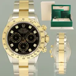 MINT ROLEX DAYTONA 116523 BLACK DIAMOND STEEL YELLOW GOLD TWO TONE WATCH BOX