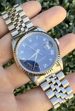 1997 ROLEX DATEJUST 16234 BLUE ROMAN DIAL 18K FLUTED BEZEL JUBILEE BRACELET