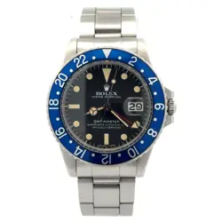 ROLEX 1973 GMT-MASTER 1675 BLUE BEZEL STAINLESS STEEL WATCH W/ BOX AND PAPERS