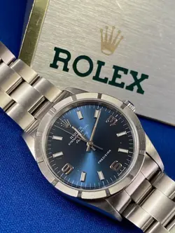 ROLEX AIRKING 14010,  RARE BLUE ARABIC DIAL MINT CONDITION HOLOGRAM STICKER