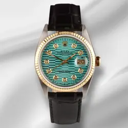 ROLEX DATEJUST 36MM YELLOWGOLD FLUTED BLUE MOTIF DIAMOND DIAL LEATHER BAND WATCH