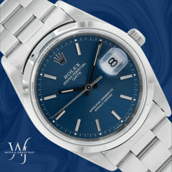 ROLEX OYSTER PERPETUAL DATE 34MM STEEL BLUE DIAL SMOOTH OYSTER BAND WATCH 15200