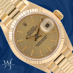 ROLEX LADIES DATEJUST 26MM 18KY GOLD CHAMPAGNE DIAL FLUTED PRESIDENT WATCH 69178