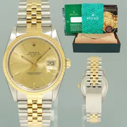 MINT ROLEX OYSTER PERPETUAL DATE 34MM CHAMPAGNE 15233 TWO TONE JUBILEE WATCH BOX