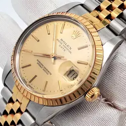 ROLEX DATE 34MM 15053 CHAMPAGNE INDEX 2-TONE YELLOW GOLD/STEEL JUBILEE WATCH