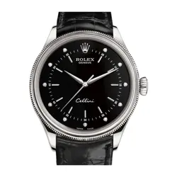 ROLEX CELLINI 50509 BLACK DIAMOND DIAL LEATHER STRAP TIME 39MM WATCH