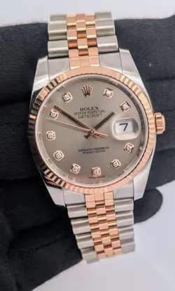 ROLEX DATEJUST 36MM FACTORY DIAMOND SILVER DIAL 18K EVEROSE & STAINLESS 116231