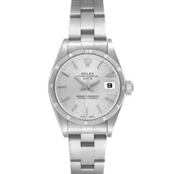 ROLEX DATE SILVER DIAL ENGINE TURNED BEZEL STEEL LADIES WATCH 79190