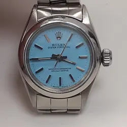 ROLEX OYSTER PERPETUAL LADIES 26 MM BLUE TURQUOISE STEEL WATCH 6618 CIRCA 1966