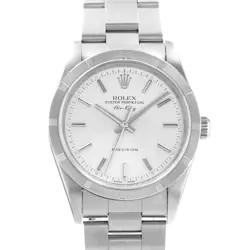 ROLEX AIR KING 14010 34MM SILVER INDEX STEEL ENGINE TURNED OYSTER LADIES WATCH