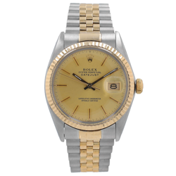 ROLEX MENS DATEJUST TWOTONE WATCH CHAMPAGNE INDEX DIAL 18KY FLUTED JUBILEE