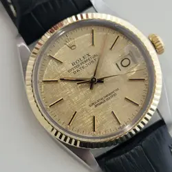 MENS ROLEX OYSTER 16013 DATEJUST 36MM 18K SS LINEN DIAL 1970S AUTOMATIC RA526